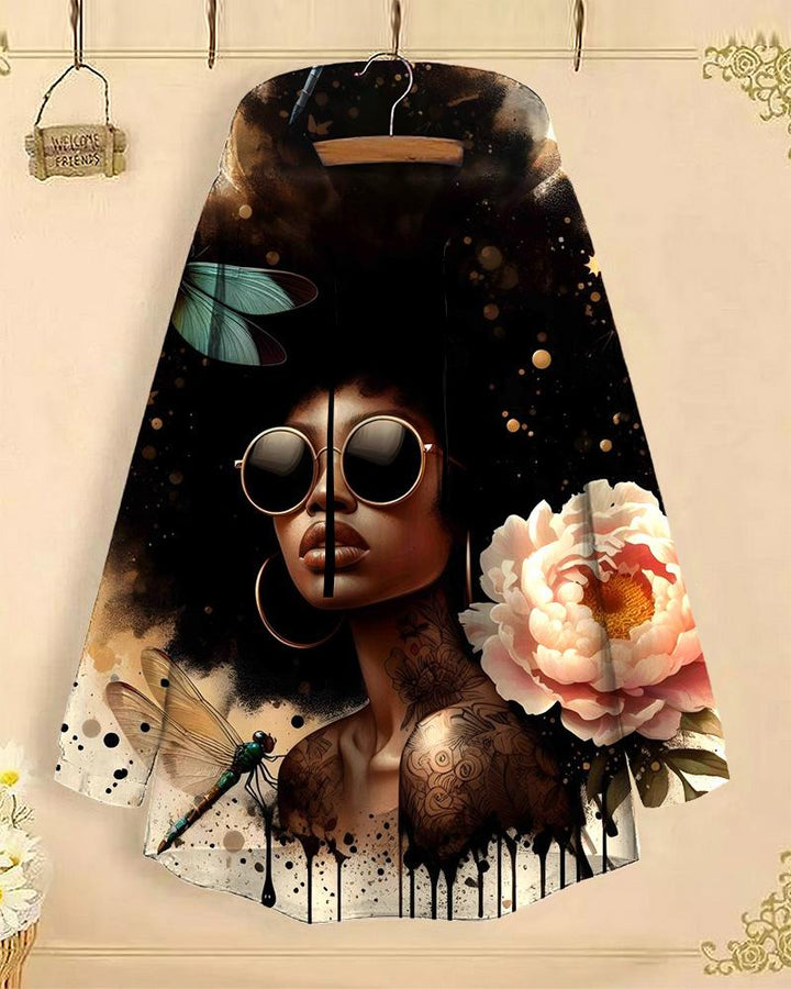 Flower Portrait Art Print Long-Sleeved with Loose Hem Hoodie