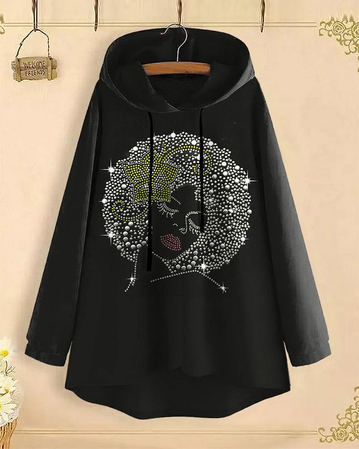 Shiny Black Girl Long-Sleeved with Loose Hem Hoodie（Printed style, not rhinestones）