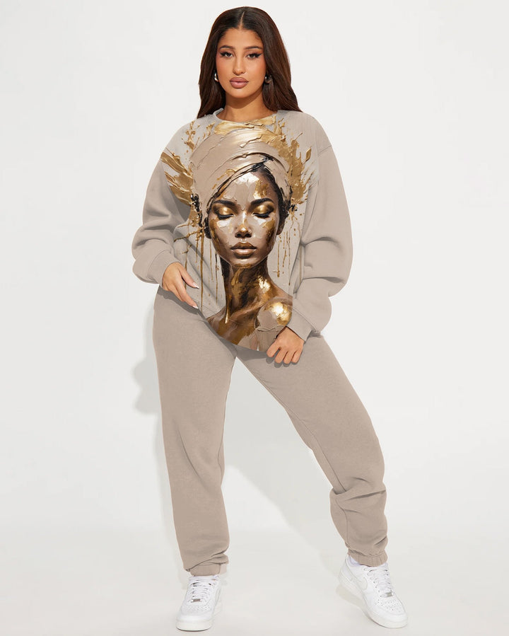 African Women Oil Painting Crew Neck Sweatshirt Two Pieces Set