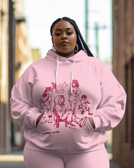 Pink Cartoon Print Long Sleeve Hoodie Two Pieces Set