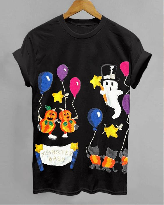 Halloween Balloon Party Print Crew Neck Short Sleeve Shirt