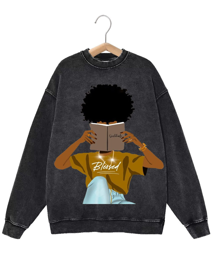 Retro Fashion Distressed Washed Blessed Afro Girl Print Long Sleeve Sweatshirt