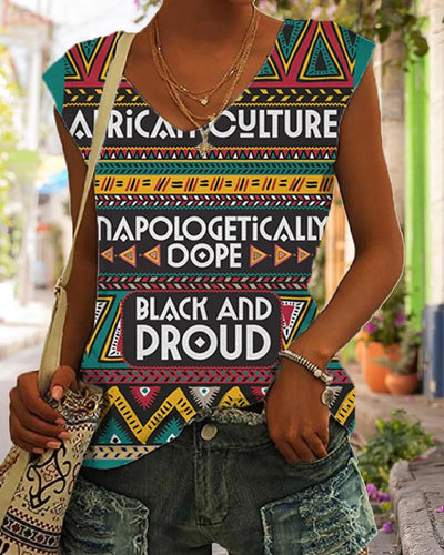 Ethnic style black color contrast personality print sleeveless ladies vest