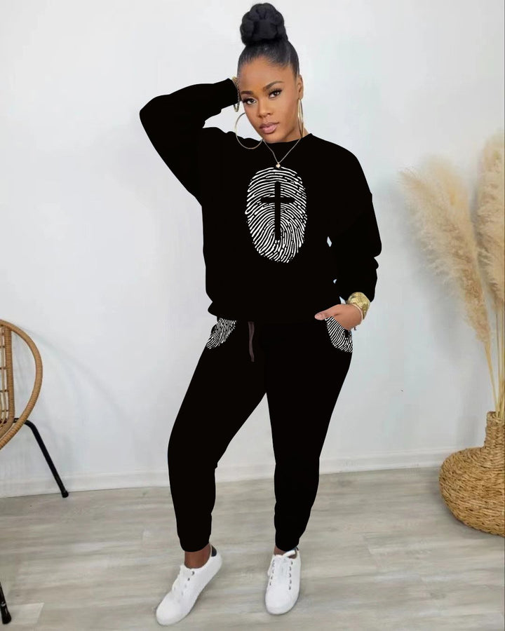 Fingerprint Cross Long-Sleeved Crew Neck Sweatshirt and Printing Casual Pants