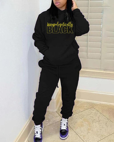 Hooded black letter print women's sweatshirt suit