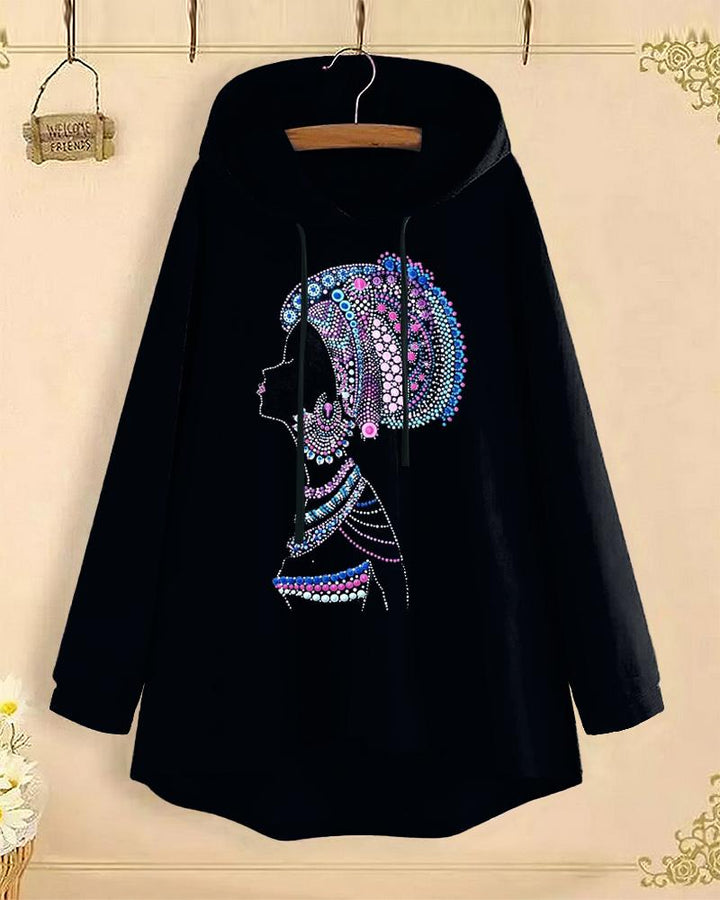 Retro Ethnic Print Long-Sleeved with Loose Hem Hoodie