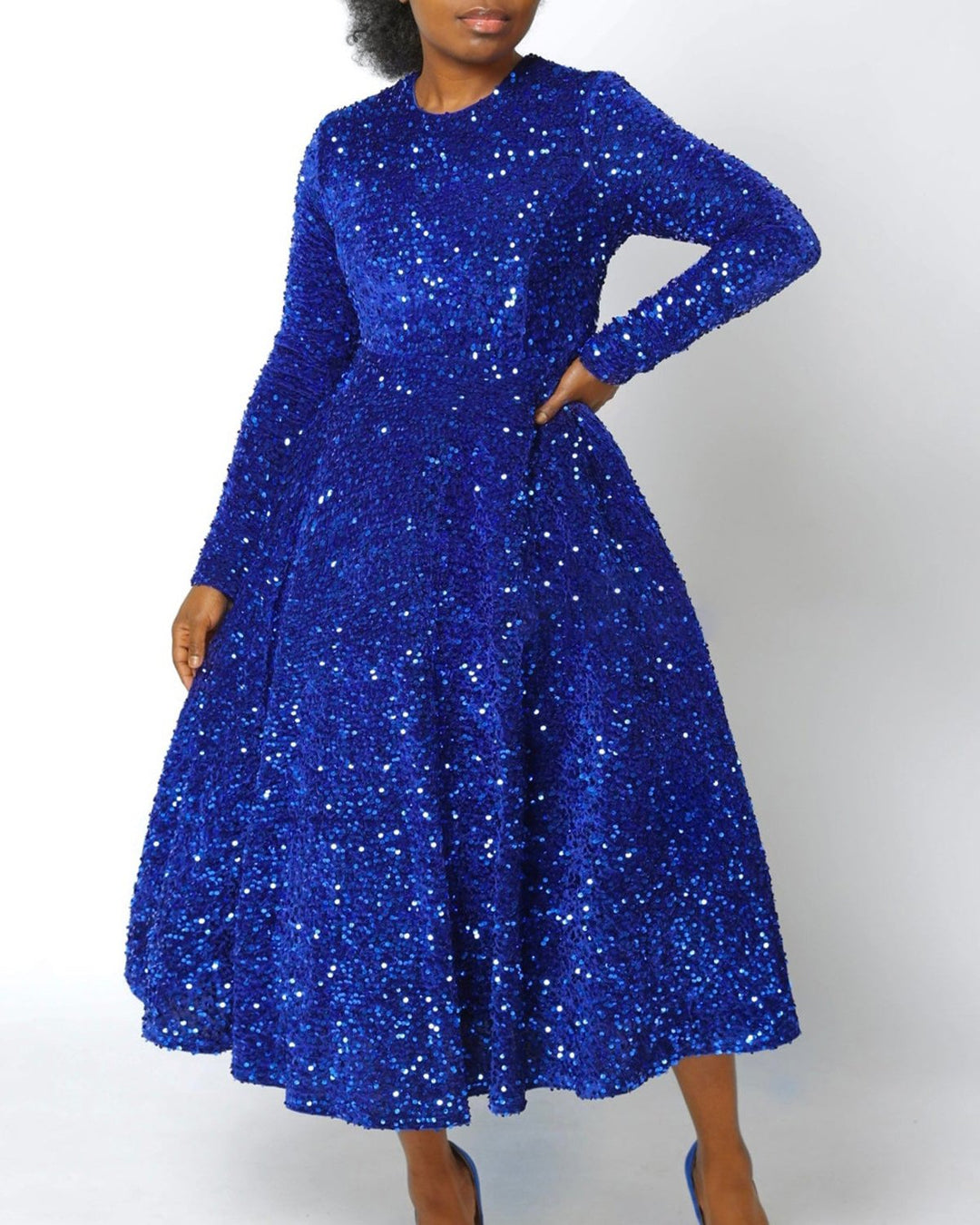 Fashion Sequin Temperament High Waist Round Neck Long Sleeve Mid-length Dress