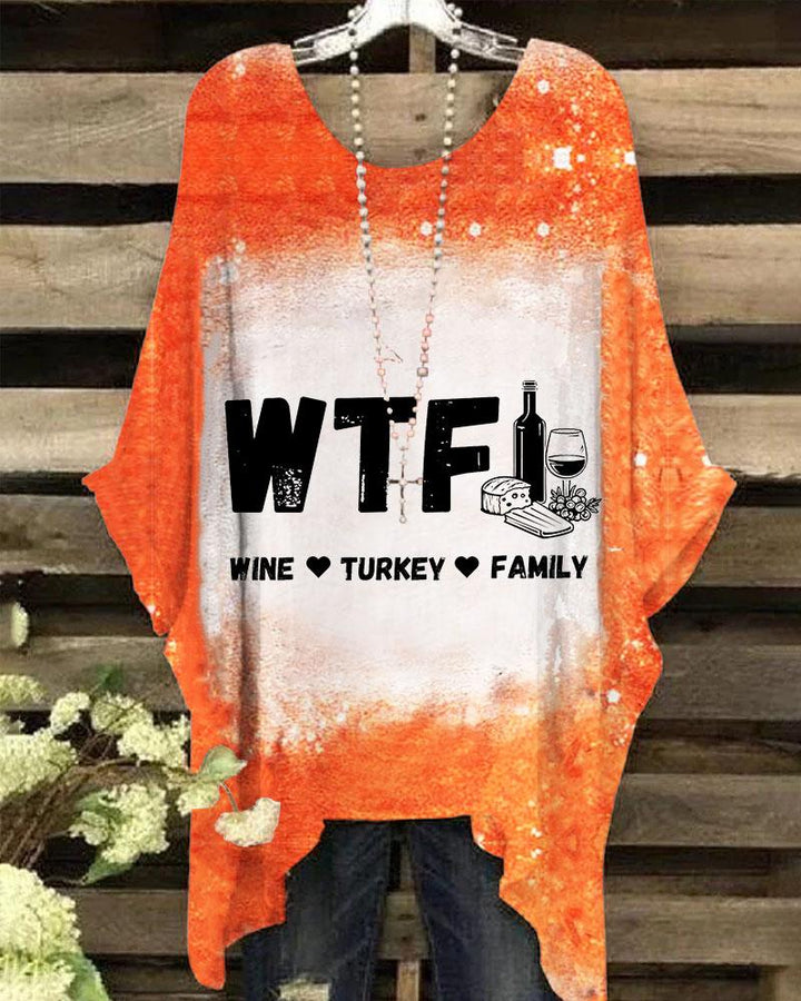 Thanksgiving Wine Turkey Family Round Neck Tie-Dye Print Blouse