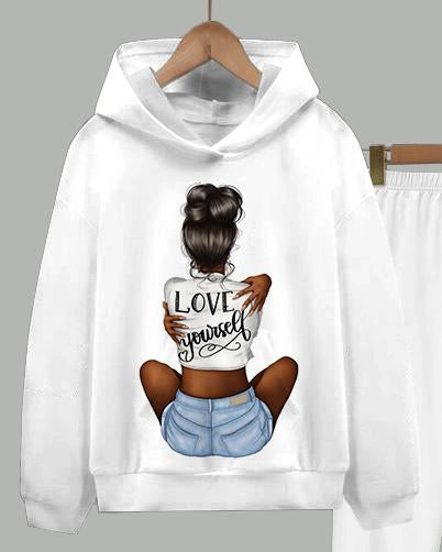 Love Yourself Print Long Sleeve Hoodie Two Pieces Set