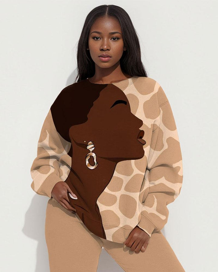 Brown Girl Metal Earrings Print Long Sleeve Sweatshirt Two Pieces Set