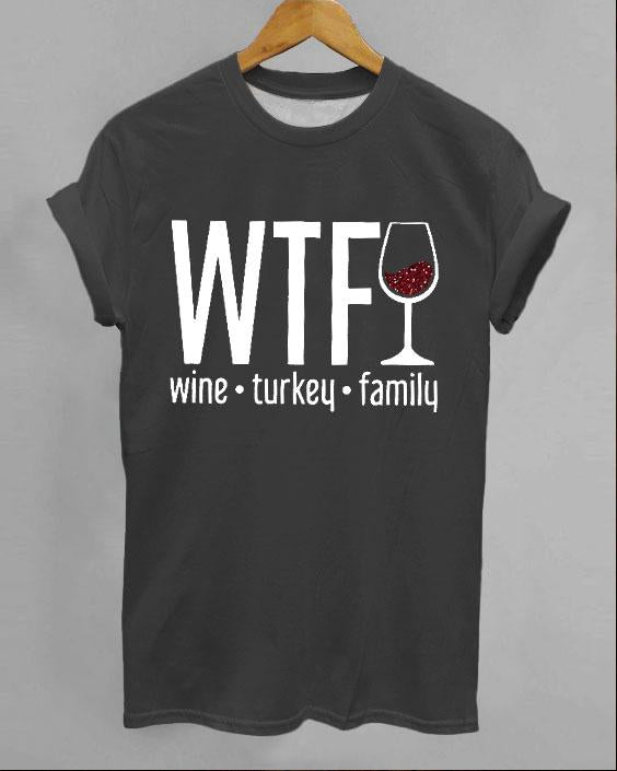 Women's Thanksgiving Wine Turkey Family Printed Round Neck Short Sleeve Tee