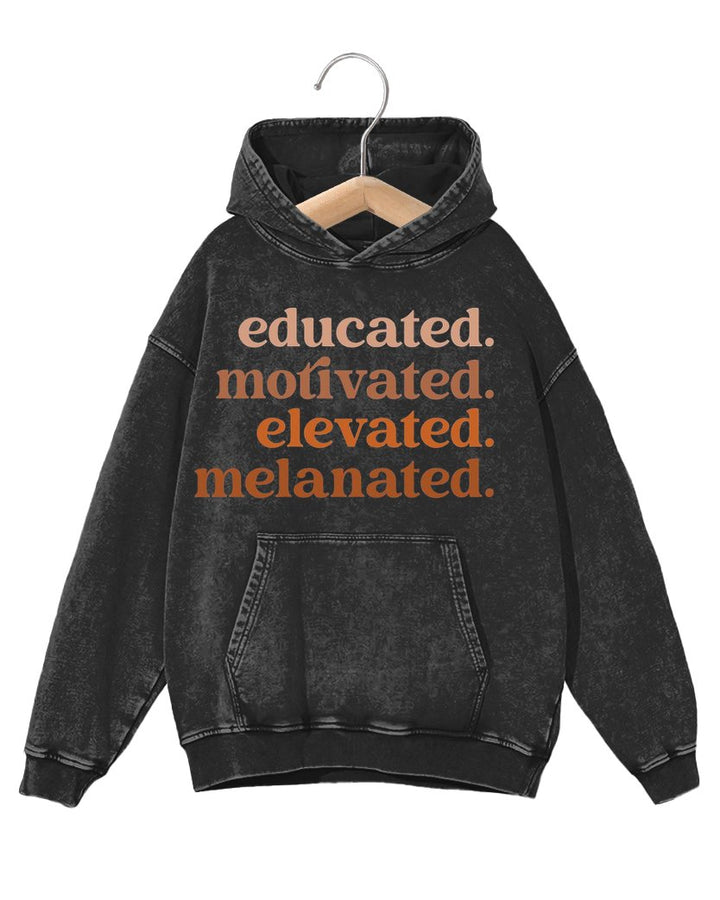 Retro Fashion Distressed Washed Educated Motivated Elevated Melanated Print Long-sleeved Unisex Hoodie