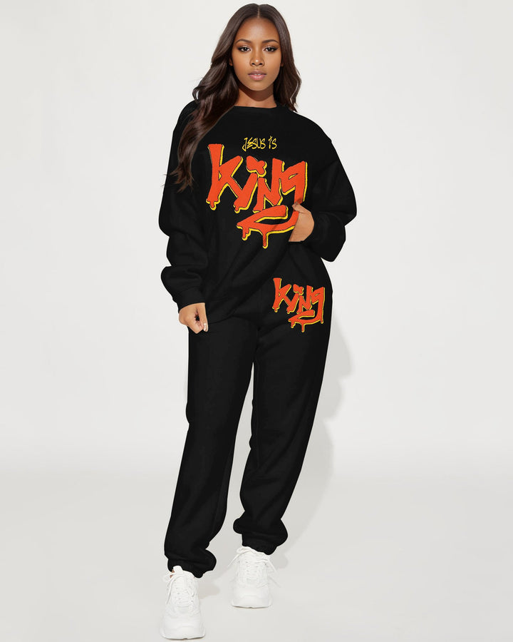 God is King Print Long Sleeve Sweatshirt Two Pieces Set