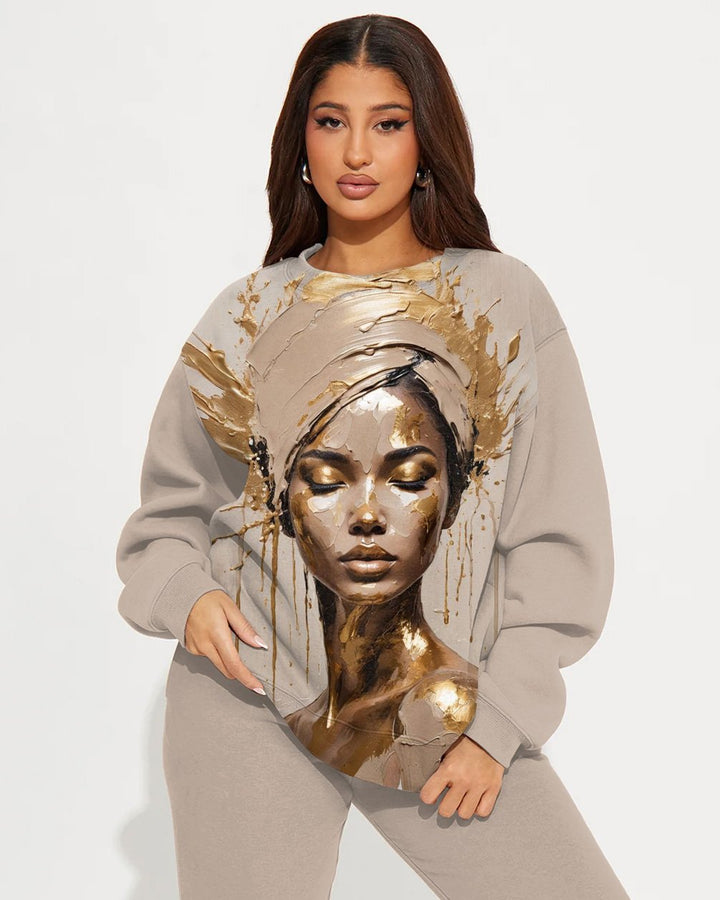 African Women Oil Painting Crew Neck Sweatshirt Two Pieces Set