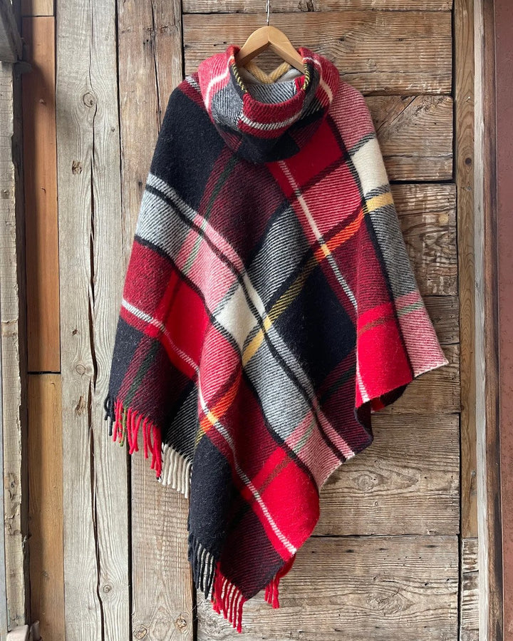 Classic Red Plaid Tassels Hooded Warm Shawl Cape