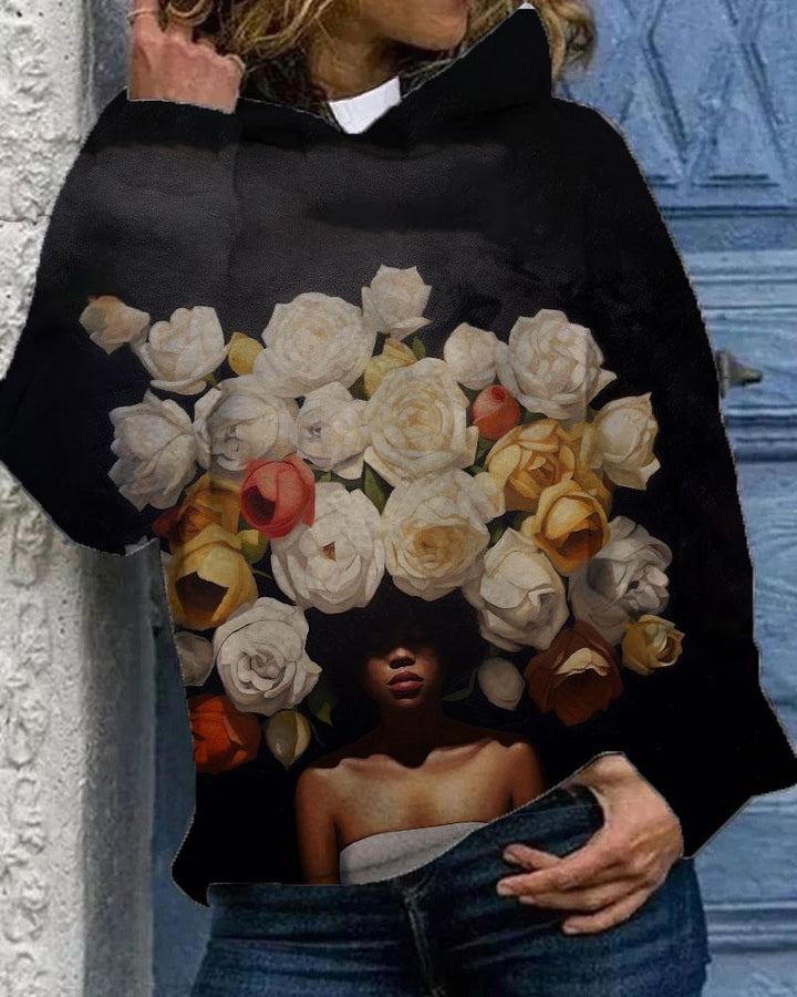 Women's Oil Painting Art Vintage Flower Girls Long Sleeve Hoodie