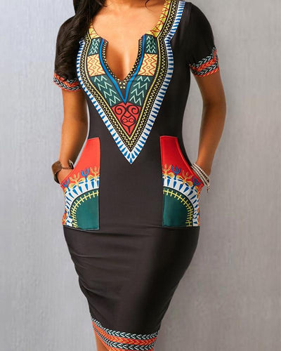 Black Ethnic Style Printed Short Sleeved Pocket Retro Dress