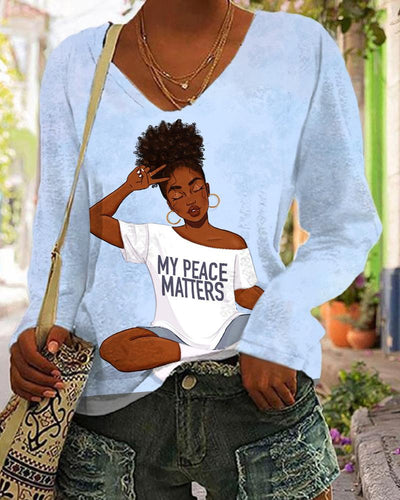 V-neck Black Girls My Peace Matters Long Sleeve T-shirt