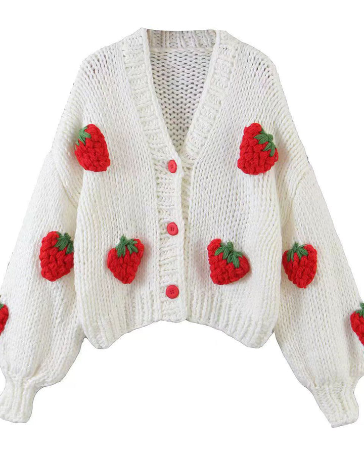 Women's Fashion Cute Strawberry V-Neck Lantern Sleeve Thick Knitted Sweater Cardigan