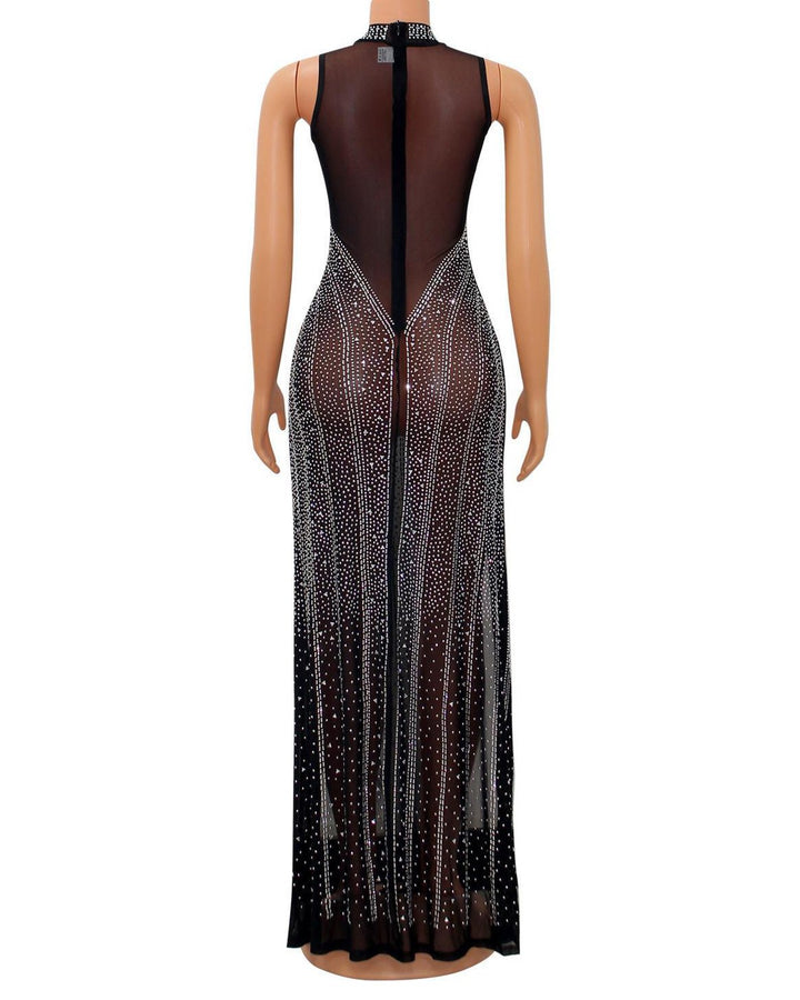 Women's Fashion Sexy Mesh Hot Diamond See-Through Evening Party Long Dress