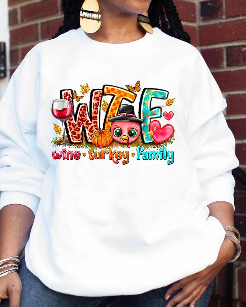 Thanksgiving Wine Turkey Family Printed Round Neck Long Sleeve Sweater