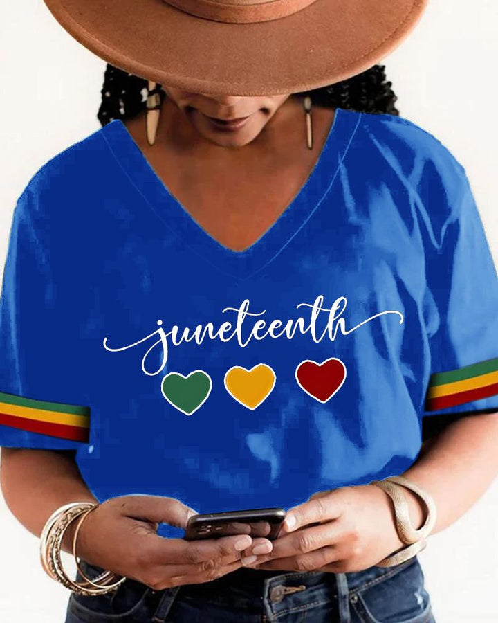 Juneteenth Heart Letter Print V Neck Short Sleeves