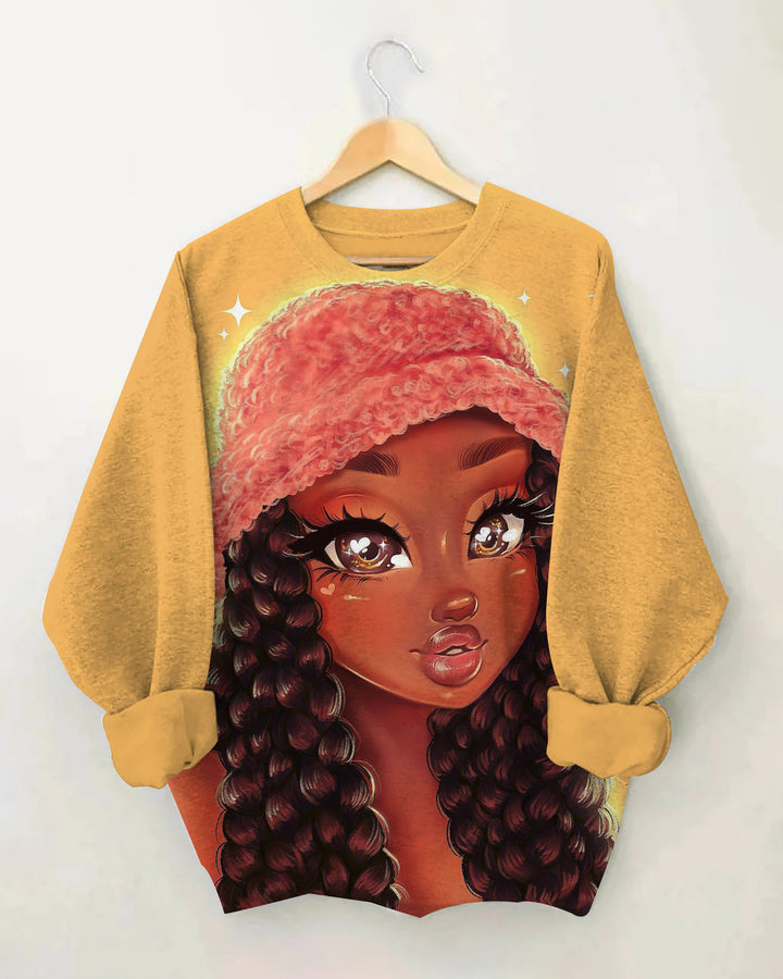 Brown Cartoon Girl with Braids Crewneck Sweatshirt