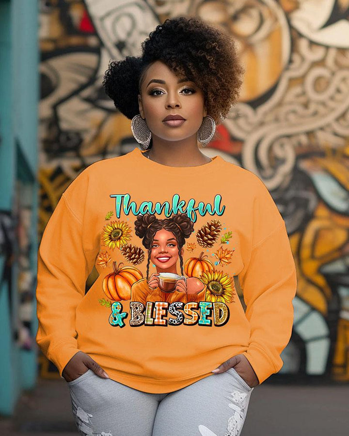 Women's Crewneck Thanksgiving Day Slogan Thankful And Blessed Print Long Sleeve Sweatshirts