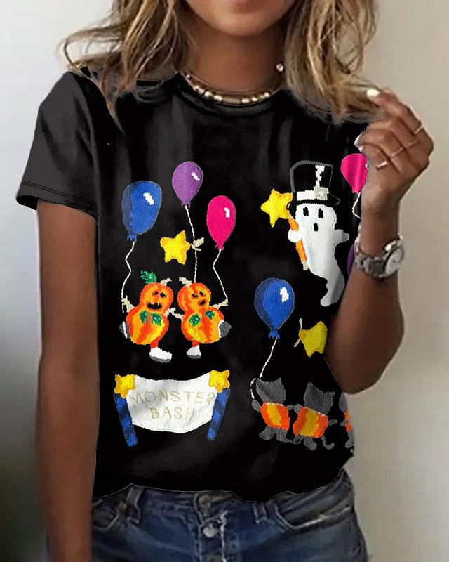 Halloween Balloon Party Print Crew Neck Short Sleeve Shirt