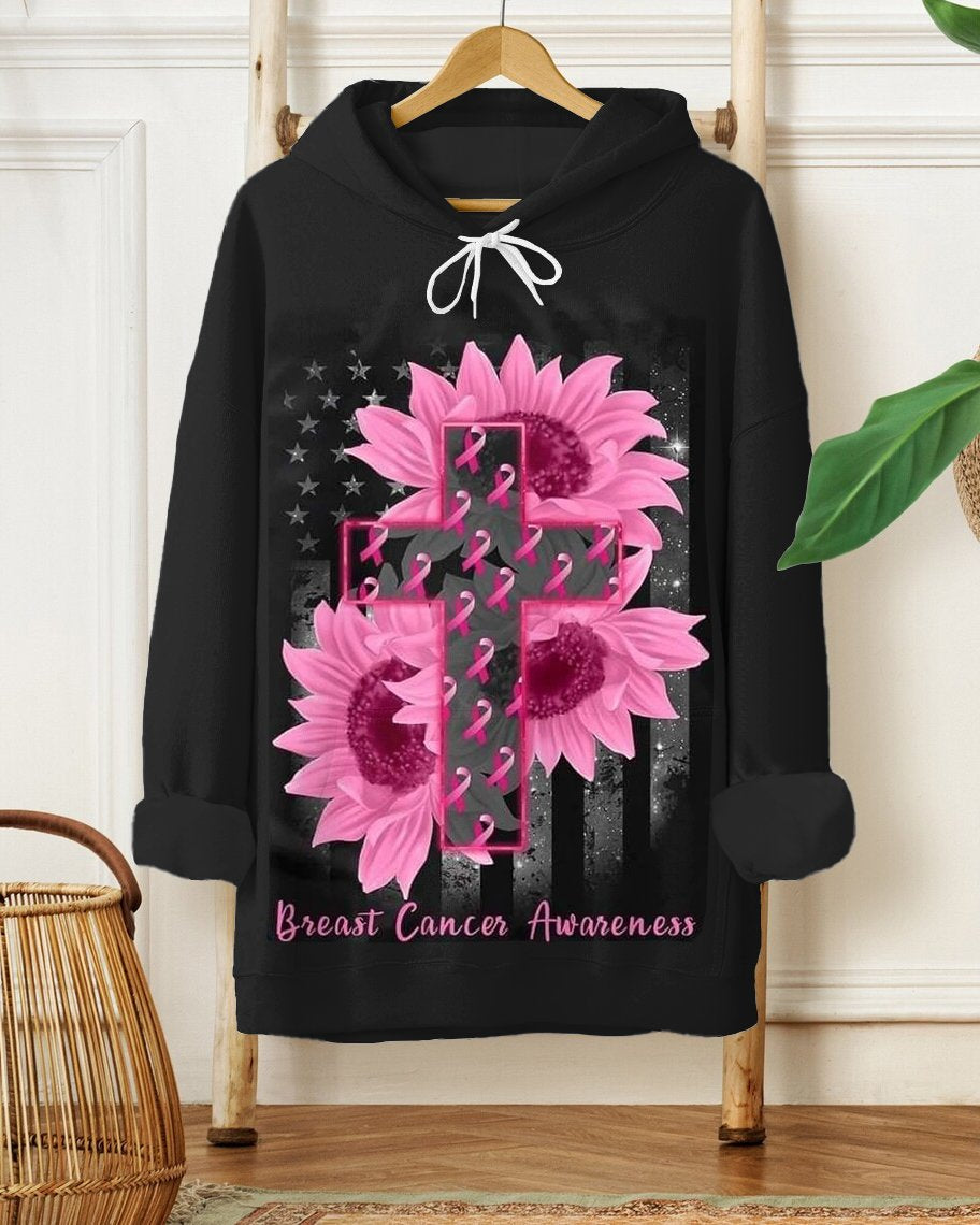 Fashion Breast Cancer Sunflower Print Long-sleeved Hooded