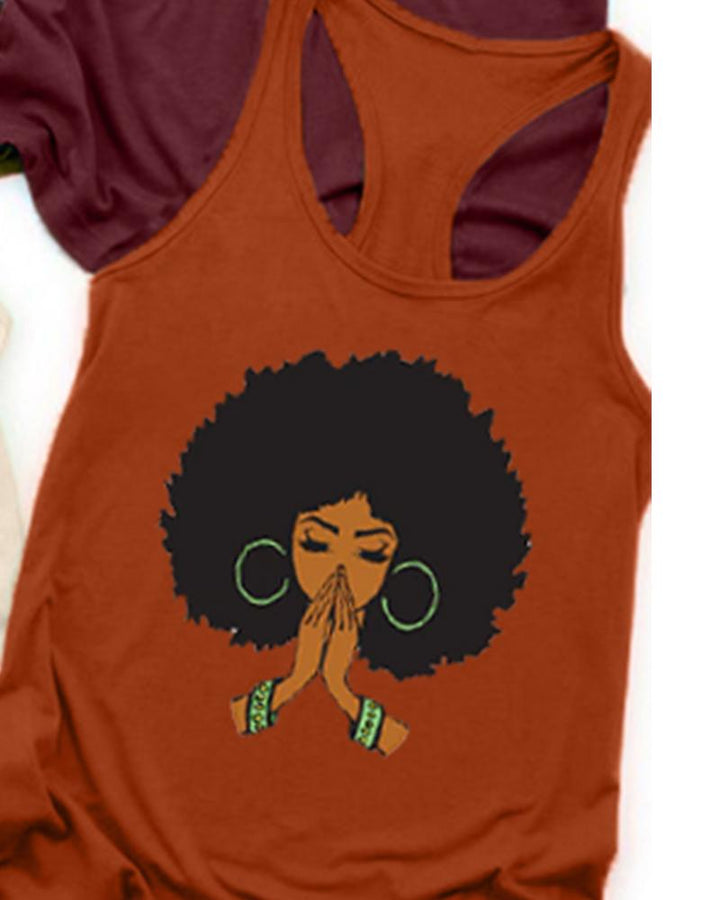 Cotton Fashion Black Girl Cartoon Avatar Print Racerback Tank Top