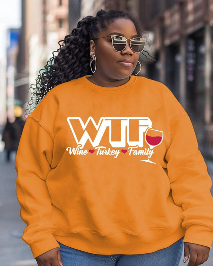 Women's Thanksgiving Wine Turkey Family Printed Round Neck Long Sleeve Sweatshirt