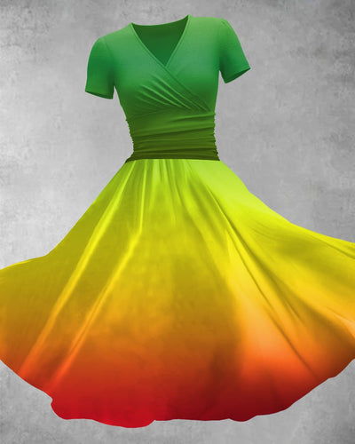 V Neck Simple Gradient Color Maxi Dress