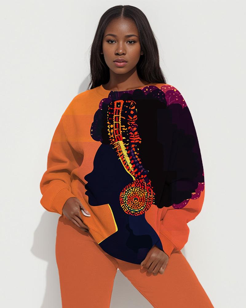 Ethnic Portrait Print Long-Sleeved Sweatshirt and Solid Color Casual Pants Set