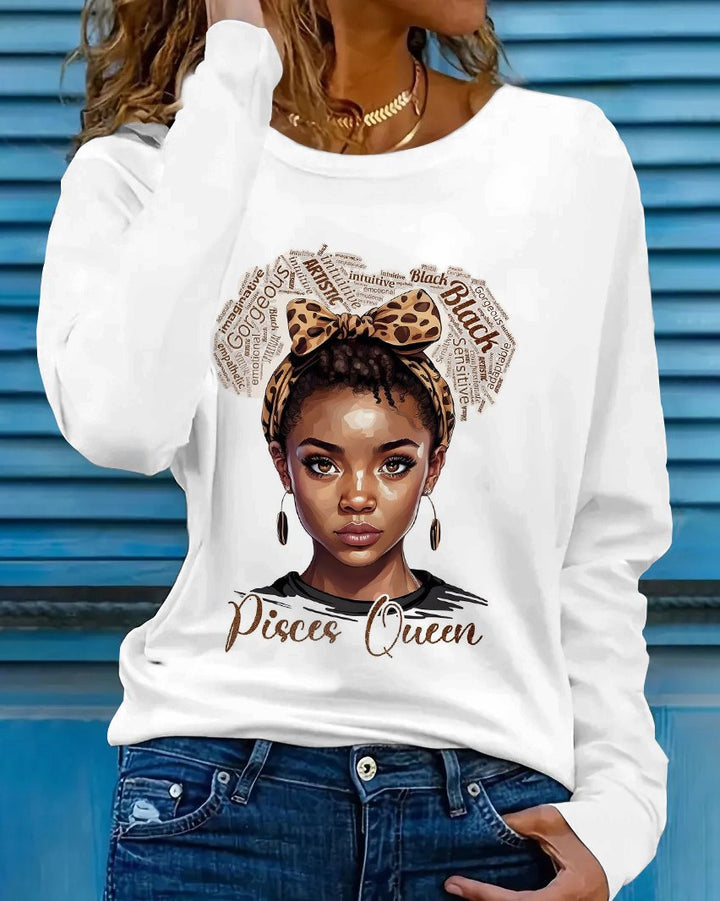 Pisces Queen Print Crew Neck Long Sleeve T-shirt