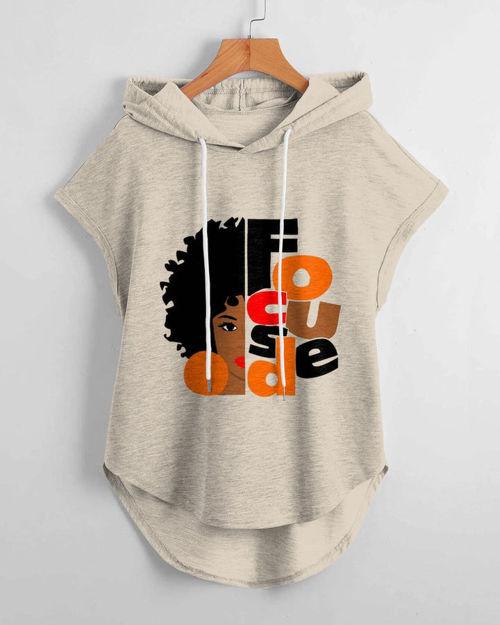 Focused Black Girl Magic Low Hem Drawstring Hooded Tee