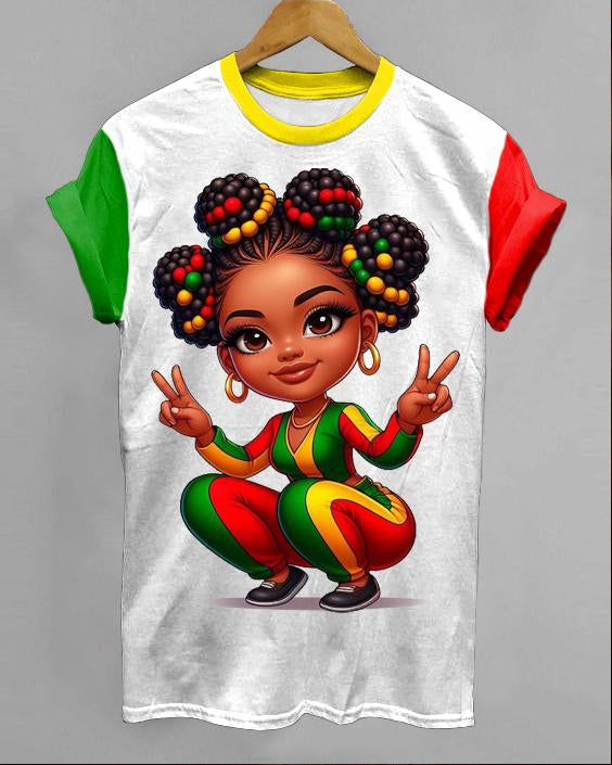 Junefestival Color Matching Cute Black Girl Print Short-sleeved T-shirt