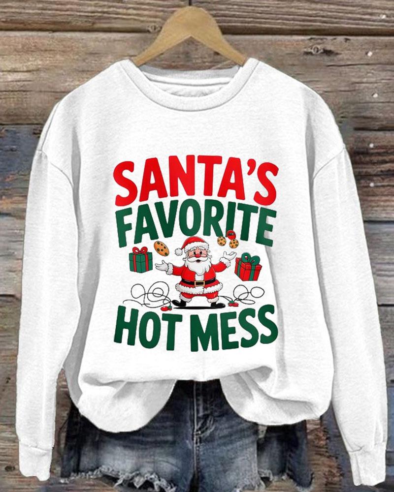 Women's Christmas Santa's Favorite Hotmess Print Crew Neck Sweatershirts