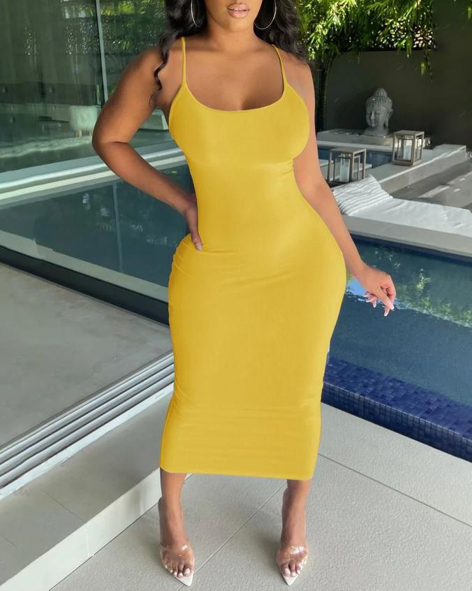 Yellow Solid Color Strappy Bodycon Dress