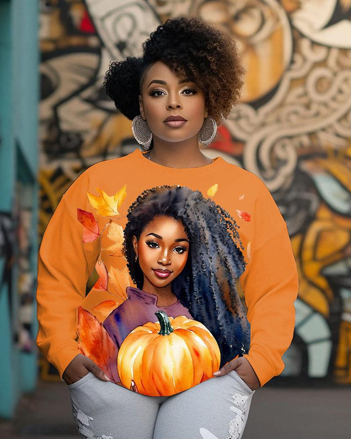 Women's Round Neck Thanksgiving Pumpkin Black Girl Printed Long Sleeve Sweatshirts