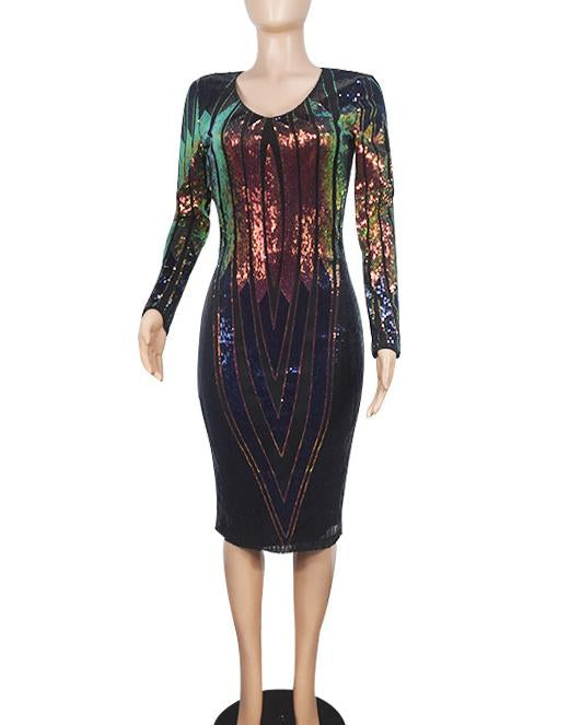 Women's Fashion Sequin V-Neck Geometric Pattern Print Evening Party Long-Sleeved Dress