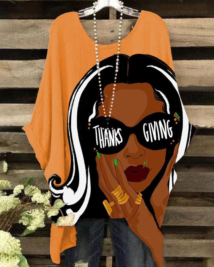 Women Thanksgiving  Black Girl Round Neck Bat Sleeve Print Blouses