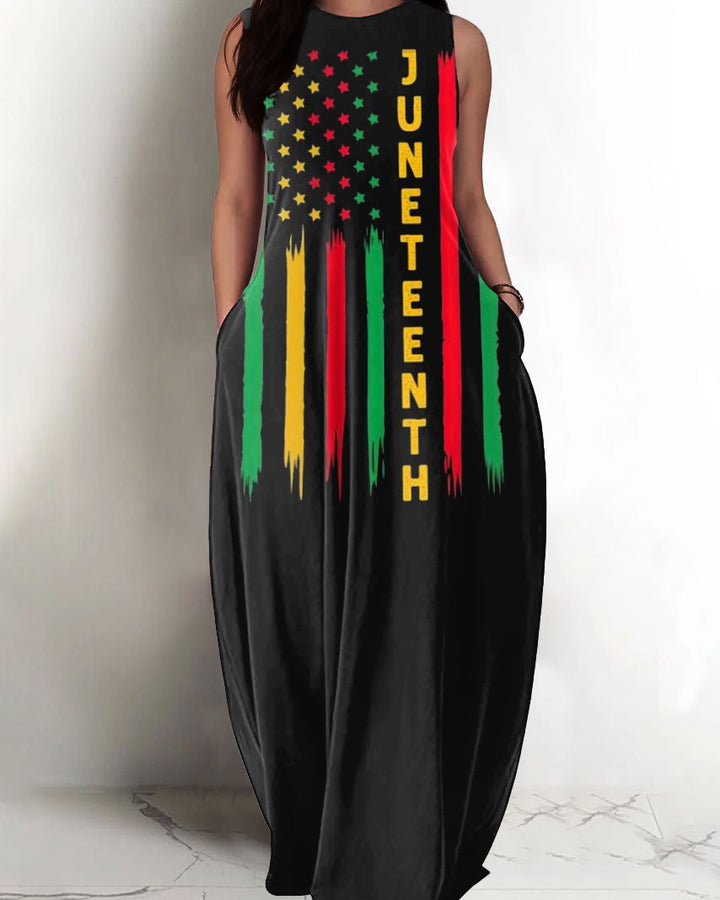 Round Neck Juneteenth Flag Print Pocket Maxi Dress