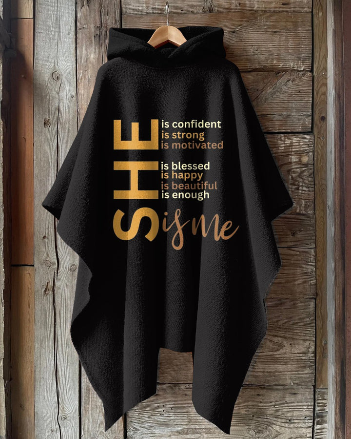 She Is Me Letter Printing Hooded Warm Shawl Cape