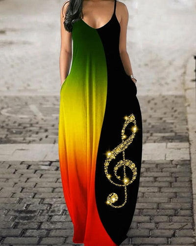 Juneteenth Contrasting Musical Notes Print Casual Ladies Long Dress