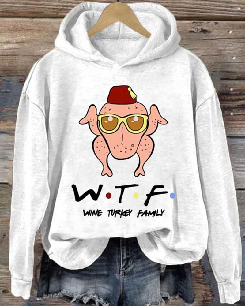 Women's Thanksgiving Wine Turkey Family Print Long Sleeve Hoodie With Pocket