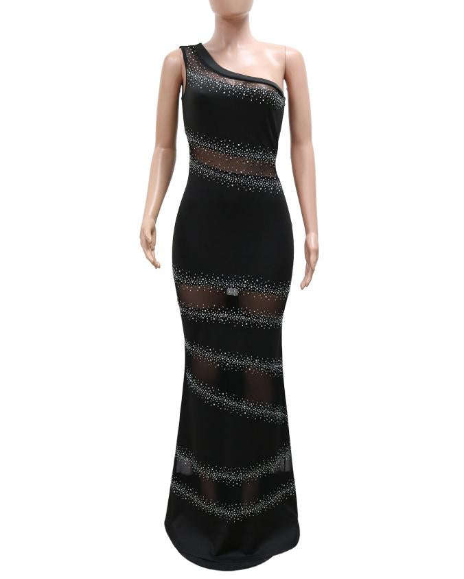 Fashionable Slim Sexy Spliced mesh Hip-hugging Evening Dress