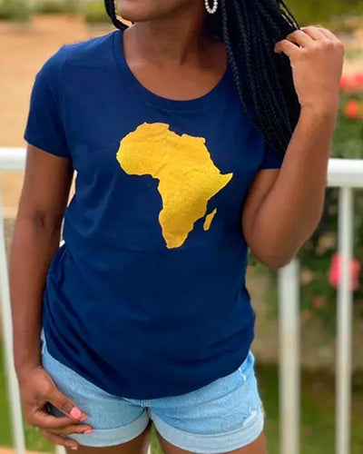 Black African Map Printed Round Neck Women's T-shirt