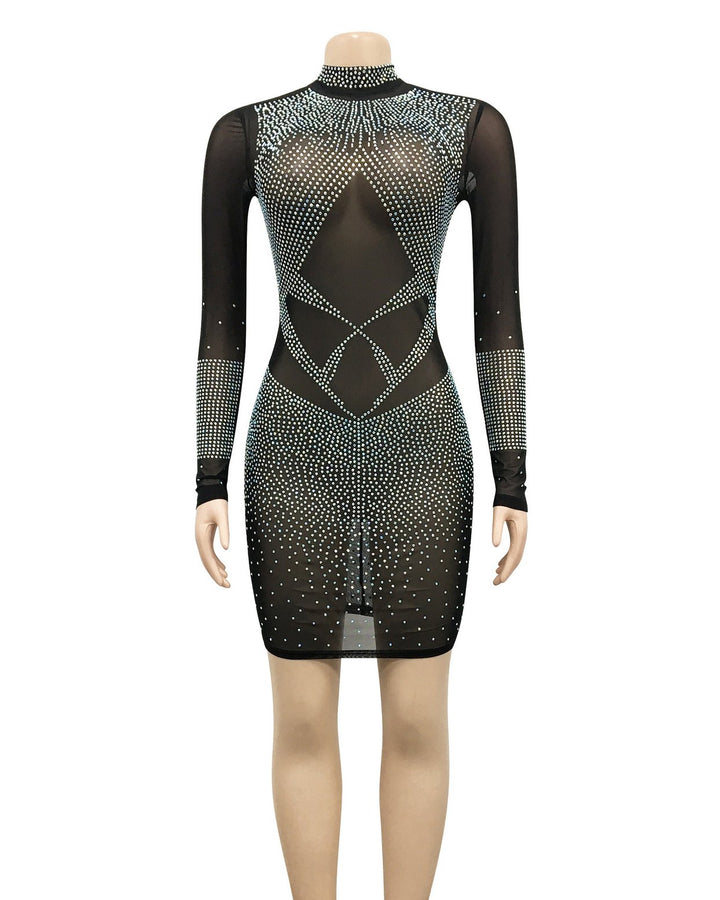 Fashionable Pure Color Sexy Tight Mesh Hot Diamond See-through Hip Dress