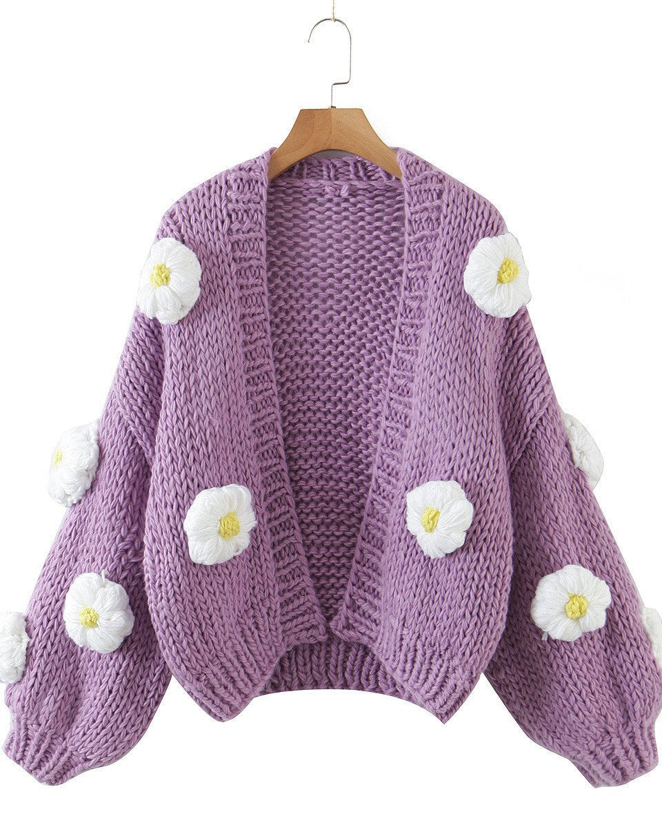 Women's Fashion Loose Thick Needle Wool Handmade Flower Lantern Sleeve Knitted Sweater Cardigan